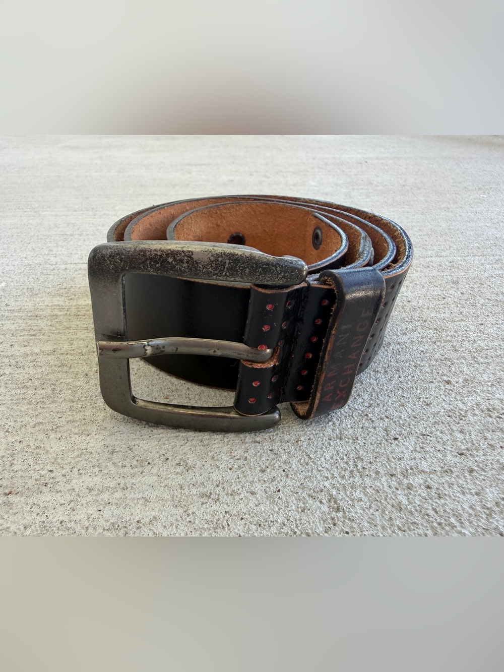 Vintage Armani Exchange Black Leather Belt Size 34 MadeCanada Red Detail 42.5”